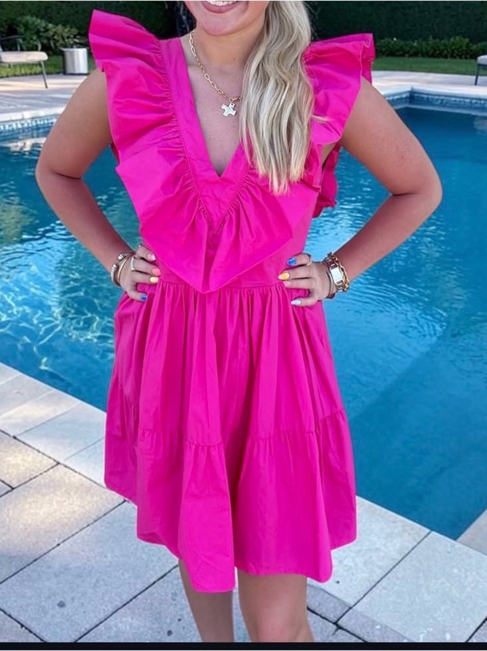 SHEIN Hot Pink Ruffle V-Neck Mini Dress
